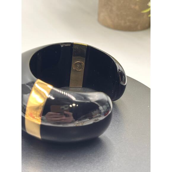 Aurélie Bidermann Designer Black Enamel Oval Mirror Gold Plated Cuff Bracelet - Picture 4 of 8
